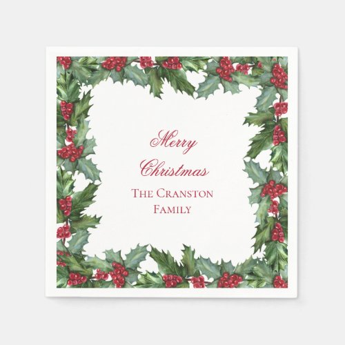 Elegant Holly and Berries Wreath Merry Christmas Napkins