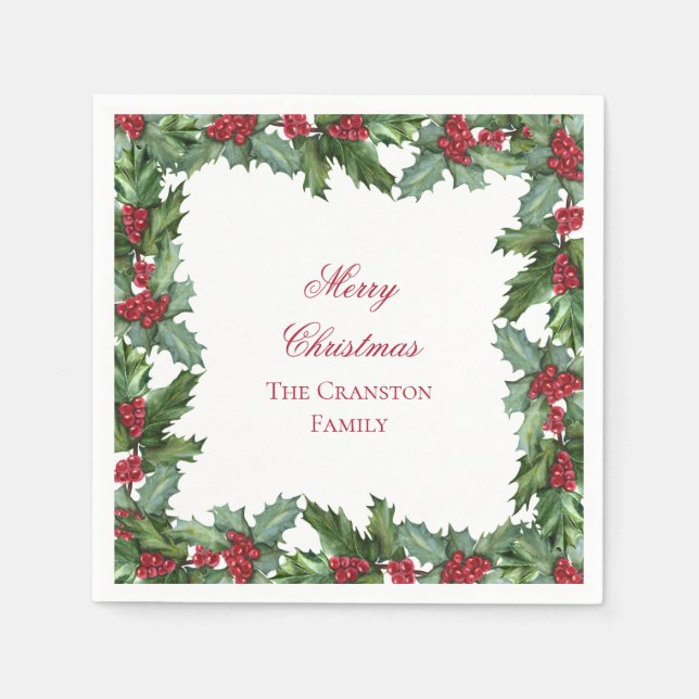 Elegant Holly and Berries Wreath Merry Christmas Napkins (Front)