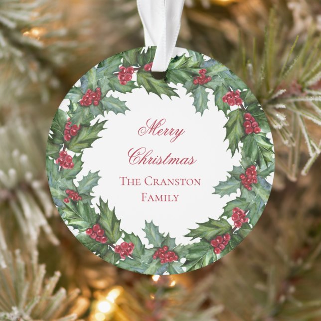 Elegant Holly and Berries Wreath Merry Christmas Ornament (Tree)