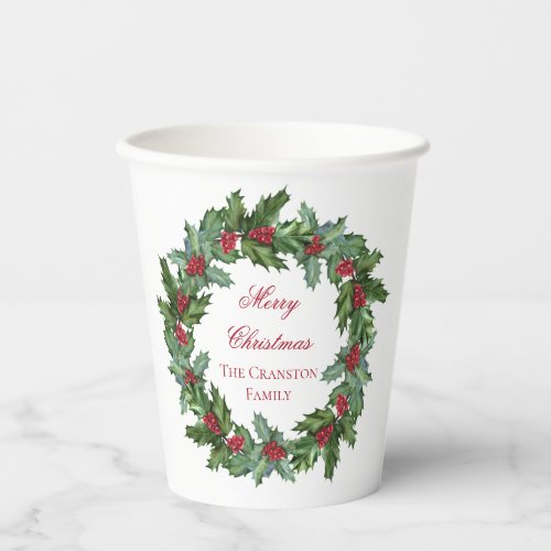 Elegant Holly and Berries Wreath Merry Christmas Paper Cups