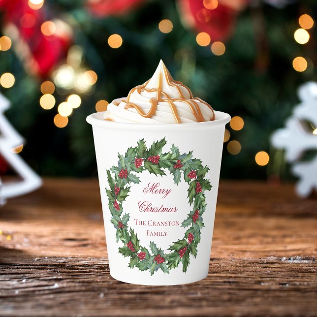 Elegant Holly and Berries Wreath Merry Christmas Paper Cups (Elegant Holly and Berries Wreath Merry Christmas Paper Cups)