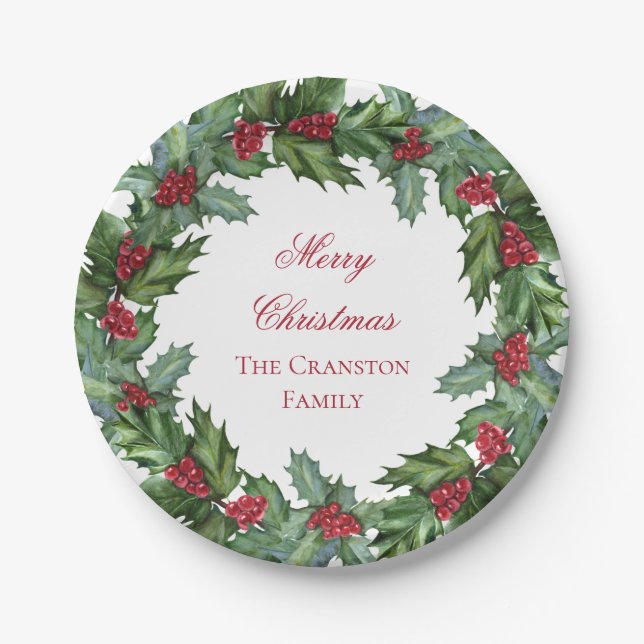 Elegant Holly and Berries Wreath Merry Christmas Paper Plates (Front)