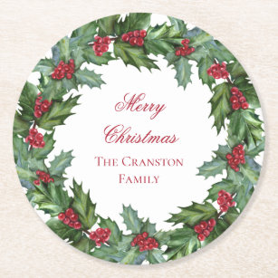 Elegant Holly and Berries Wreath Merry Christmas Round Paper Coaster