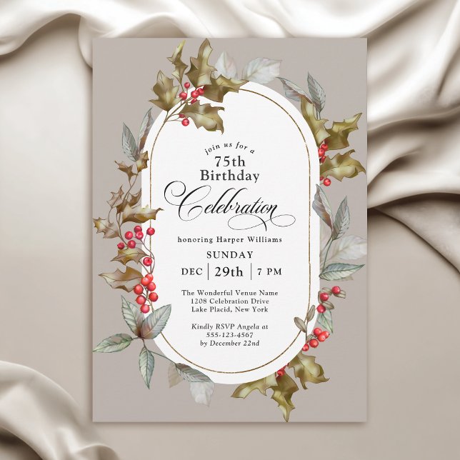 Elegant Holly and Berry Botanical Winter Birthday Invitation (Available in both printed and instant download digital formats.)