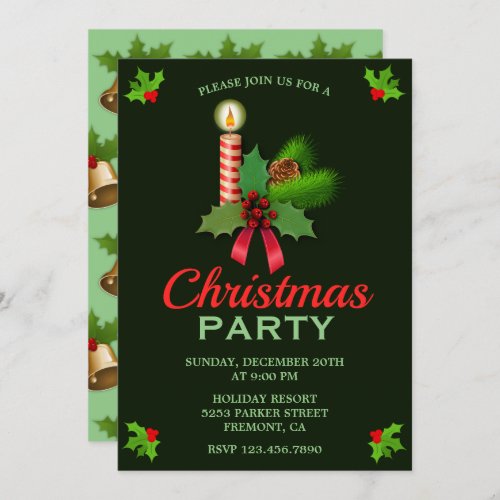 Elegant Holly and Candle  Christmas Party Invite