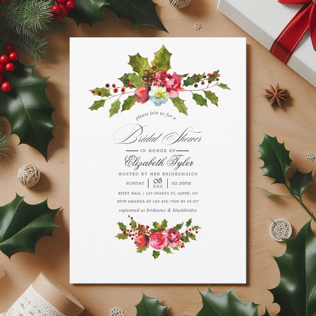Elegant Holly and Ivy Christmas Bridal Shower Invitation (Christmas Bridal Shower Floral Holly Invitation)