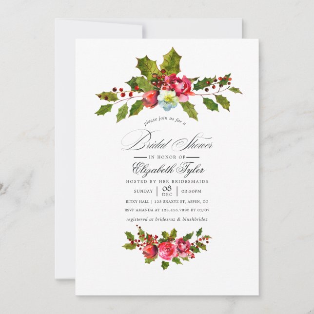 Elegant Holly and Ivy Christmas Bridal Shower Invitation (Front)