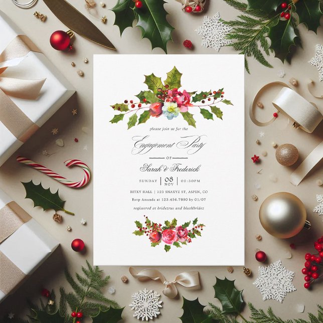 Elegant Holly and Ivy Christmas Engagement Party Invitation (Christmas Engagement Party Holly and Ivy Invite)