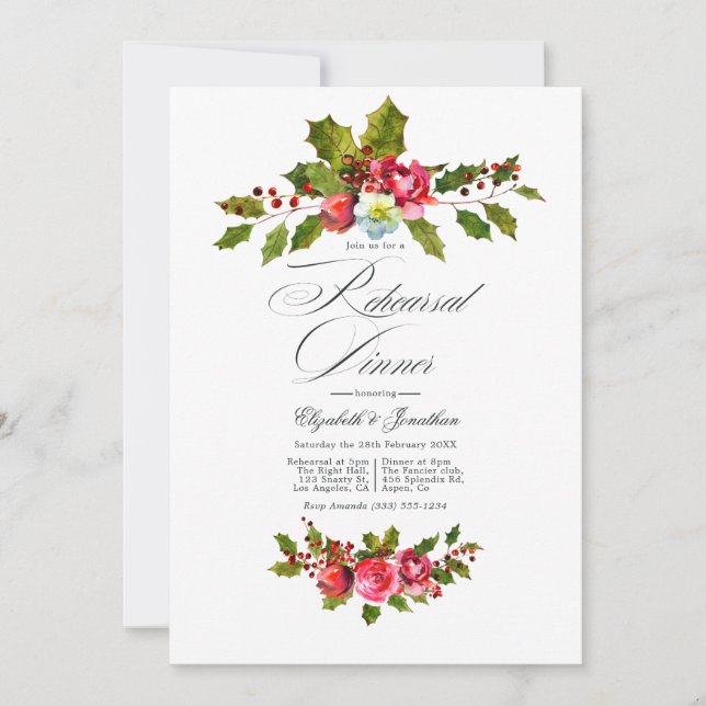 Elegant Holly and Ivy Christmas Rehearsal Dinner Invitation (Front)
