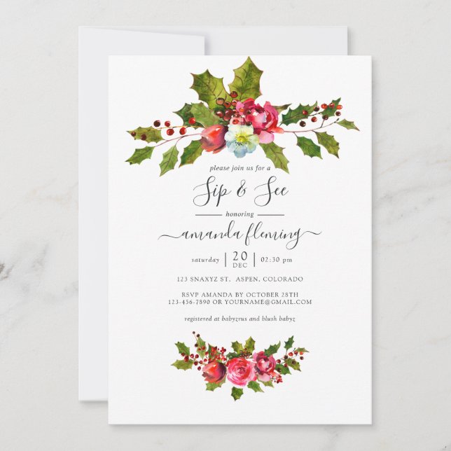 Elegant Holly and Ivy Christmas Sip and See Charm Invitation (Front)