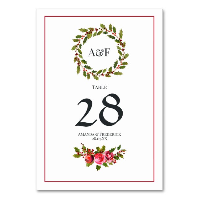 Elegant Holly and Ivy Christmas Wedding Table Number (Front)