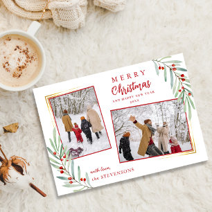 Elegant Holly Berries 2 Photo Red Merry Christmas Holiday Card
