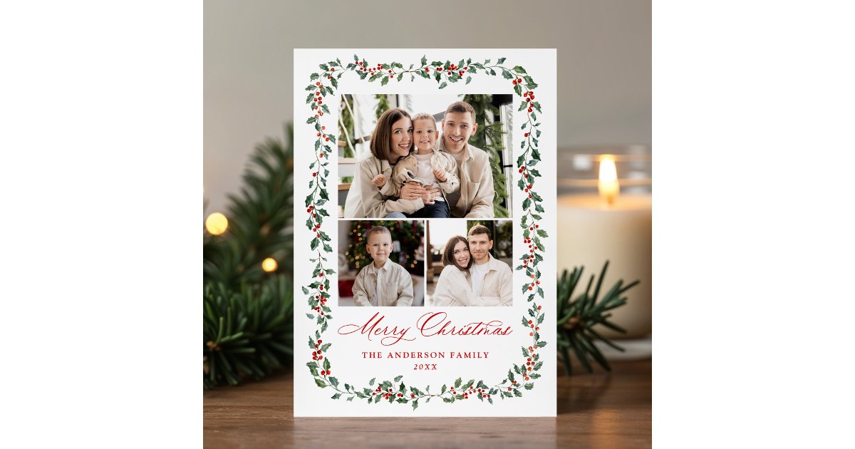 Elegant Holly Berries and Greenery 4 Photo Holiday Card | Zazzle