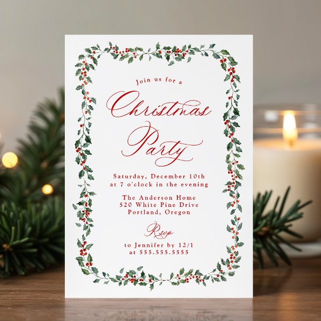 Elegant Holly Berries and Greenery Christmas Party Invitation (Creator Uploaded)