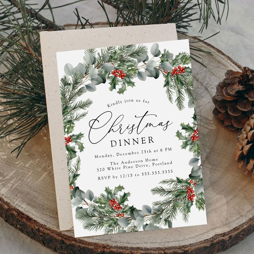 Elegant Holly Berries and Pine Christmas Dinner Invitation