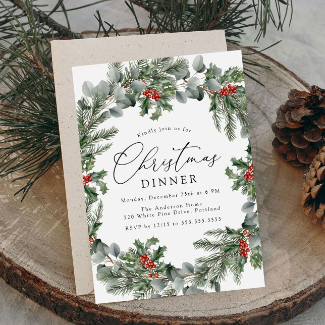 Elegant Holly Berries and Pine Christmas Dinner Invitation (Creator Uploaded)