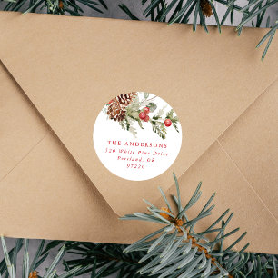 Elegant Holly Berries and Pine Cone Return Address Classic Round Sticker