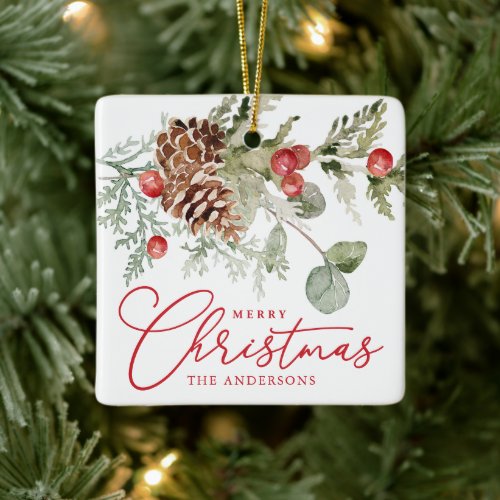 Elegant Holly Berries and Pine Cones Christmas Ceramic Ornament