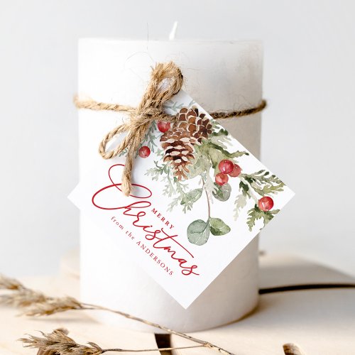 Elegant Holly Berries and Pine Cones Christmas Favor Tags