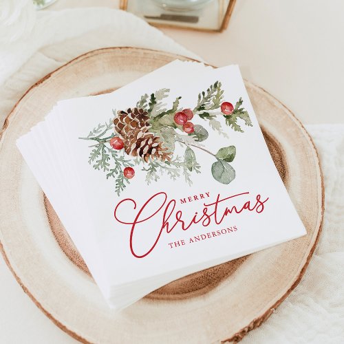 Elegant Holly Berries and Pine Cones Christmas Napkins