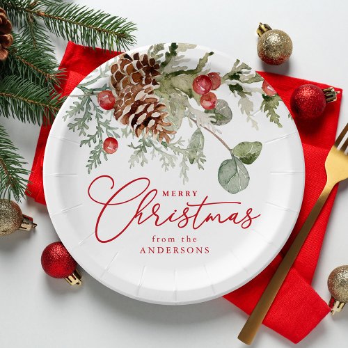 Elegant Holly Berries and Pine Cones Christmas Paper Plates