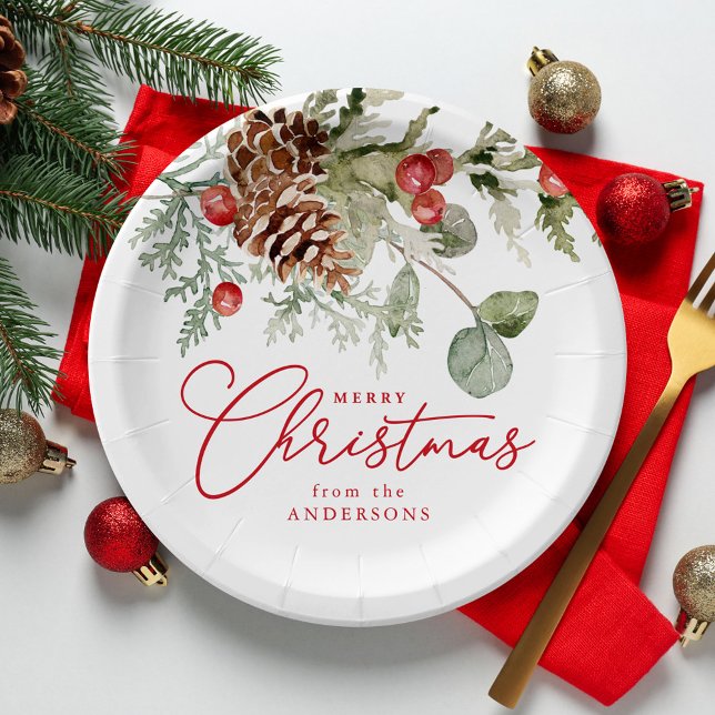Elegant Holly Berries and Pine Cones Christmas Paper Plates (Creator Uploaded)