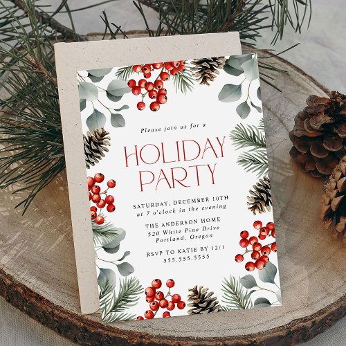 Elegant Holly Berries and Pine Cones Holiday Party Invitation