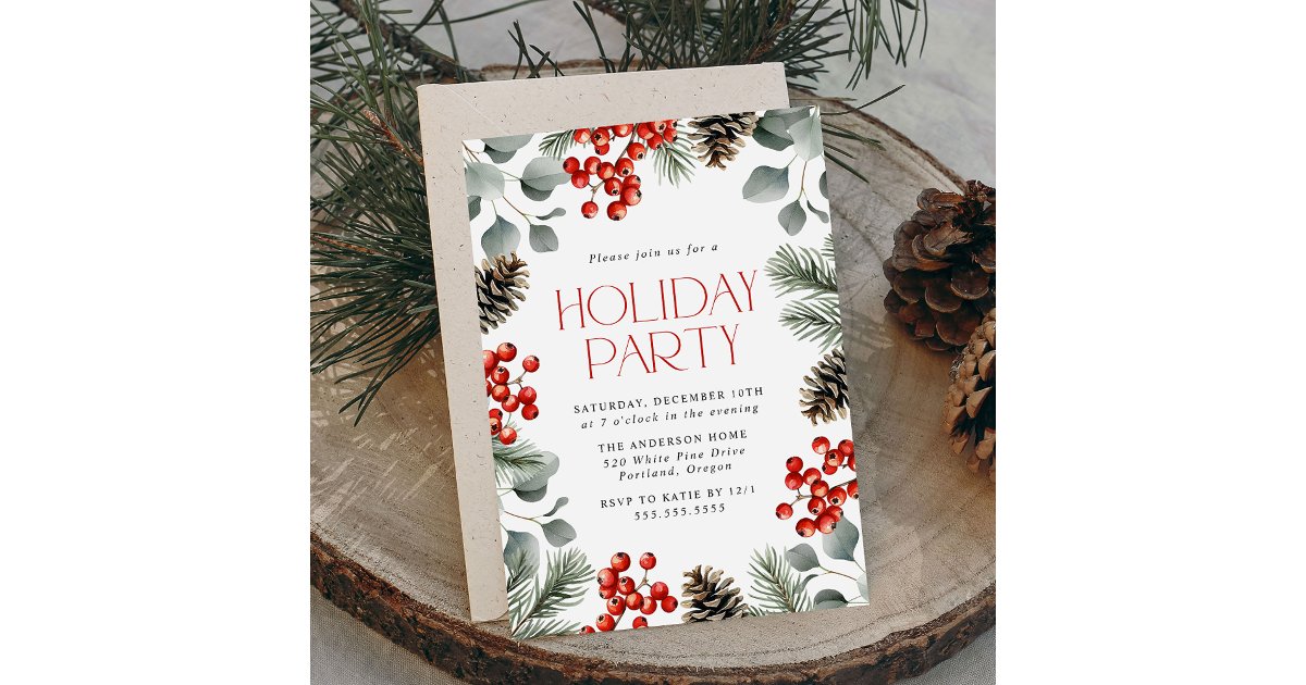 Elegant Holly Berries and Pine Cones Holiday Party Invitation | Zazzle