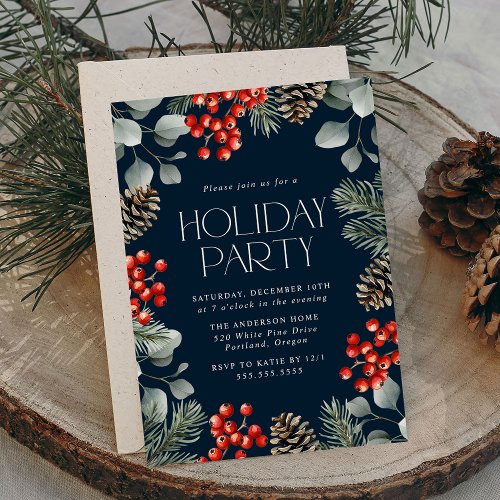 Elegant Holly Berries and Pine Cones Holiday Party Invitation