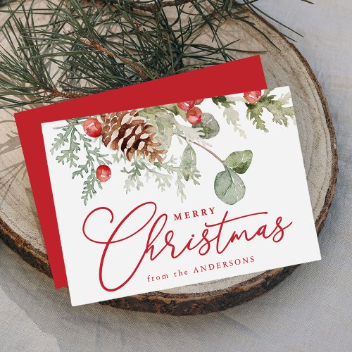 Elegant Holly Berries and Pine Cones Non_Photo Holiday Card