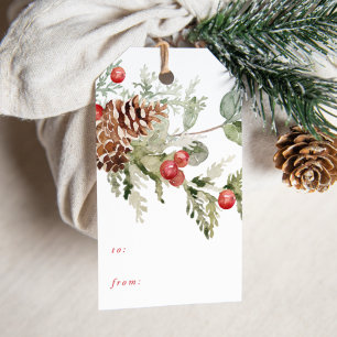 Elegant Holly Berries and Pinecones Holiday Gift Tags