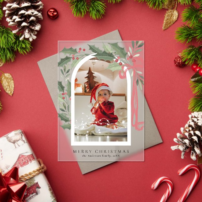 Elegant Holly Berries Arch Photo Christmas Card Acrylic Invitations (Insitu (Holiday))