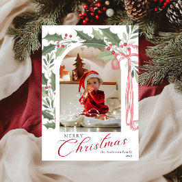 Elegant Holly Berries | Arch Photo Merry Christmas Holiday Card