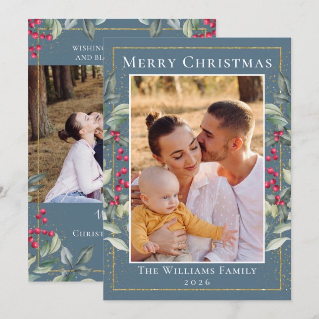Elegant Holly Berries Blue Gray Christmas 2 Photo Holiday Card (Front/Back)
