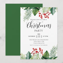 Elegant Holly Berries Christmas Party Invitation