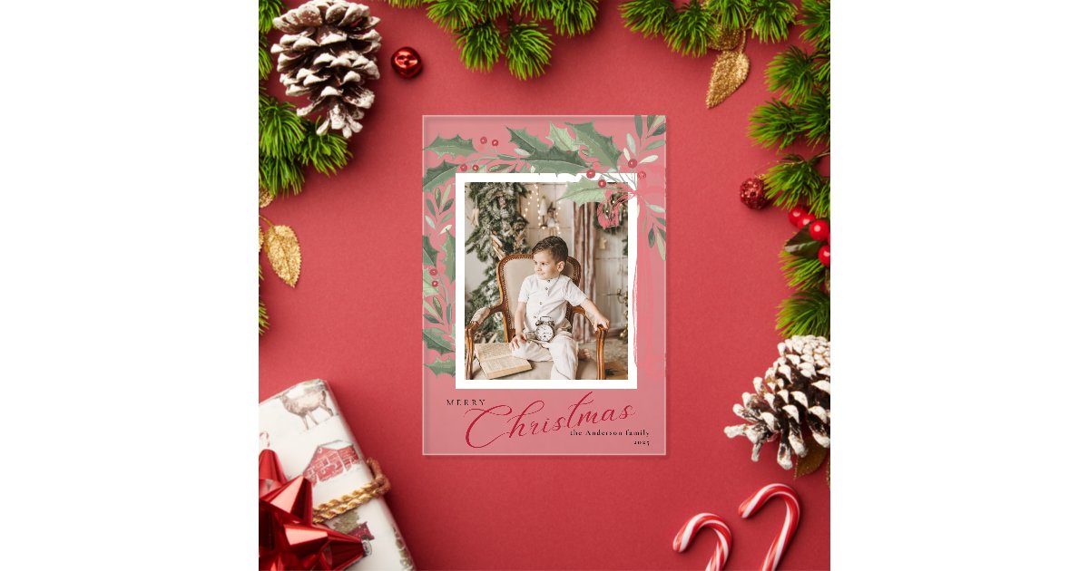 Elegant Holly Berries Family Photo Christmas Card Acrylic Invitations ...