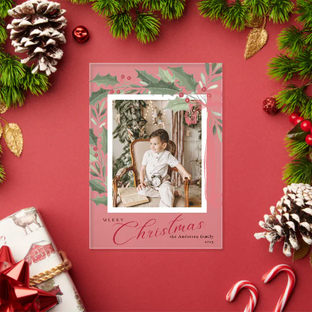 Elegant Holly Berries Family Photo Christmas Card Acrylic Invitations ...