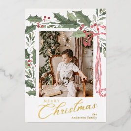 Elegant Holly Berries | Family Photo Christmas Foil Holiday Card