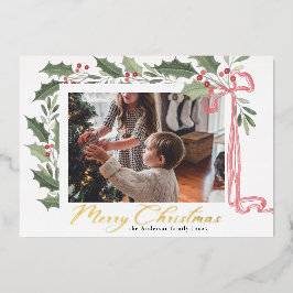 Elegant Holly Berries | Family Photo Christmas Foil Holiday Card