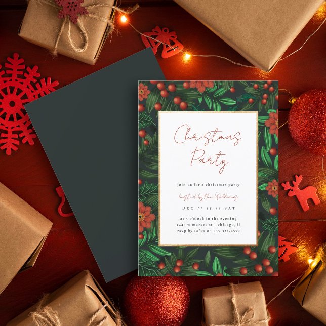 Elegant Holly Berries Foliage Christmas Party Invitation (Creator Uploaded)