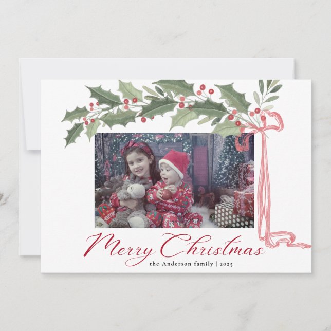 Elegant Holly Berries Foliage | Photo Christmas Holiday Card (Front)