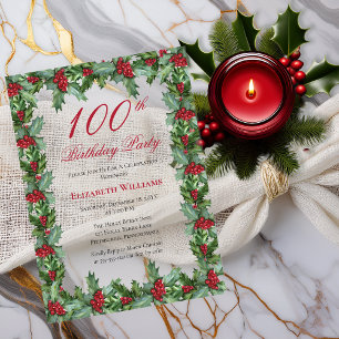 Elegant Holly Berries Frame 100th Birthday Party Acrylic Invitations