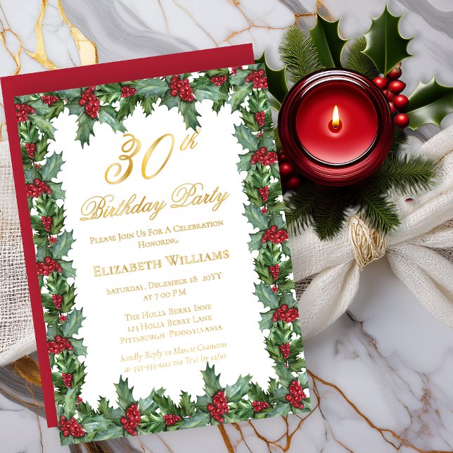 Elegant Holly | Berries Frame 30th Birthday Party Foil Invitation (Elegant Holly and Berries Frame 30th Birthday Party Real Gold Foil Invitations)