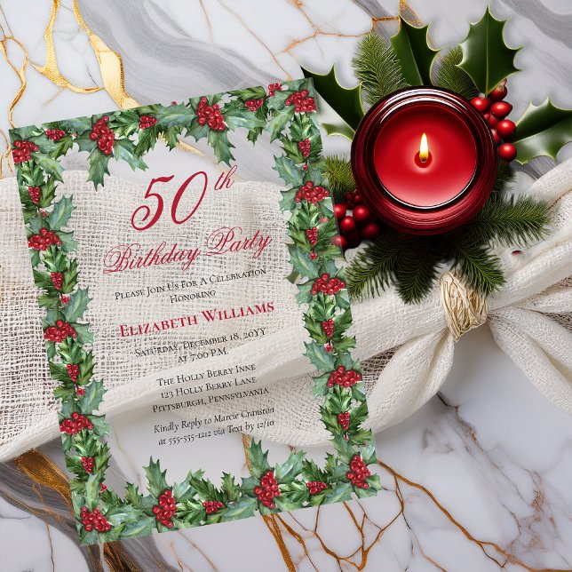 Elegant Holly | Berries Frame 50th Birthday Party Acrylic Invitations (Elegant Holly and Berries Frame 50th Birthday Party Acrylic Invitations)