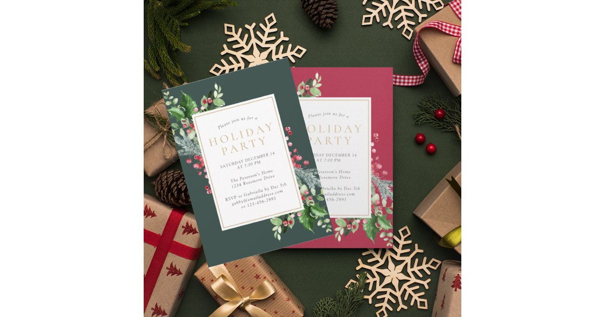 Elegant Holly Berries Green Holiday Party Invitation | Zazzle