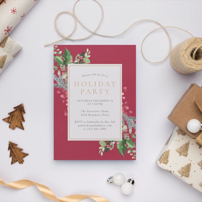 Elegant Holly Berries Greenery Red Holiday Party  Invitation (Creator Uploaded)