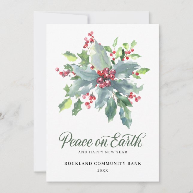 Elegant Holly Berries Non-Photo 2024 Corporate Holiday Card (Front)