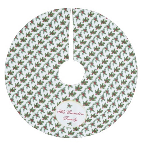 Elegant Holly Berries Pattern Christmas Holiday Brushed Polyester Tree Skirt