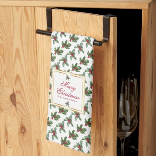 Elegant Holly Berries Pattern Christmas Holiday Kitchen Towel