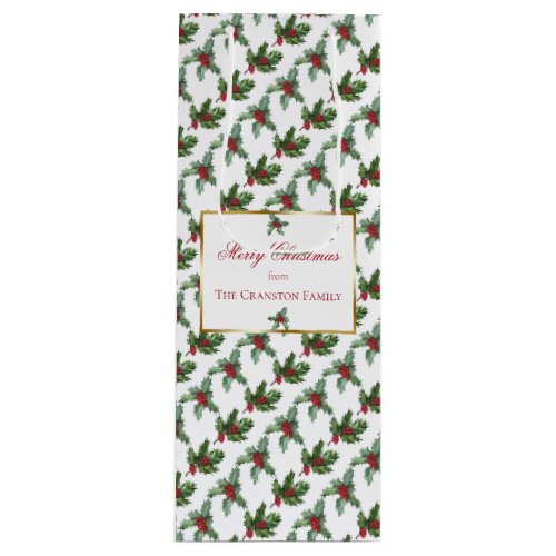 Elegant Holly Berries Pattern Christmas Holiday Wine Gift Bag